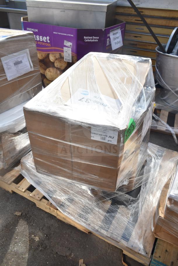 Shrink-wrapped pallet with 6 new scratch and dent items, including bar stool frame and equipment stand, labeled "APR26-37."