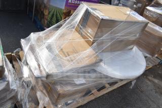 Stack of five brand new items, wrapped on a pallet. Includes bar stool, outdoor table. Scratch and dent condition.