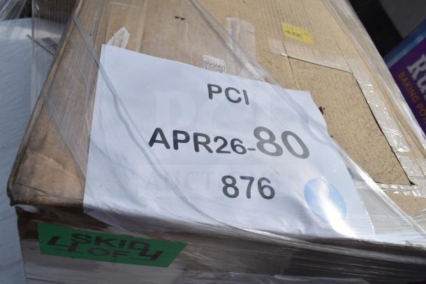 Box with label marked "PCI APR26-80, 876," containing five brand new scratch and dent items, wrapped in plastic on skid 1 of 4.