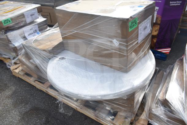 5 new scratch and dent items on a pallet, including a bar stool and outdoor table, wrapped in plastic with tags.