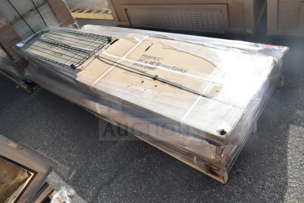 8 brand new scratch and dent items, including Regency 24"x46" green epoxy wire shelf, wrapped on pallet.