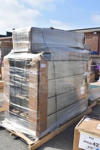 Shrink-wrapped pallet containing 6 brand new scratch-and-dent items including a locker and an underbar sink, visible packaging labels.