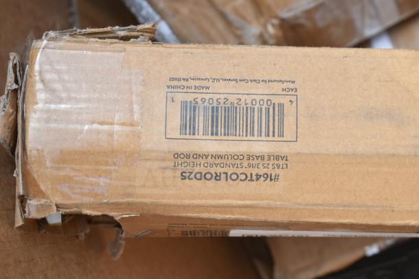 Cardboard box labeled "#164TCROD25 TABLE BASE COLUMN AND ROD." Box shows wear, indicating potential scratch and dent condition.