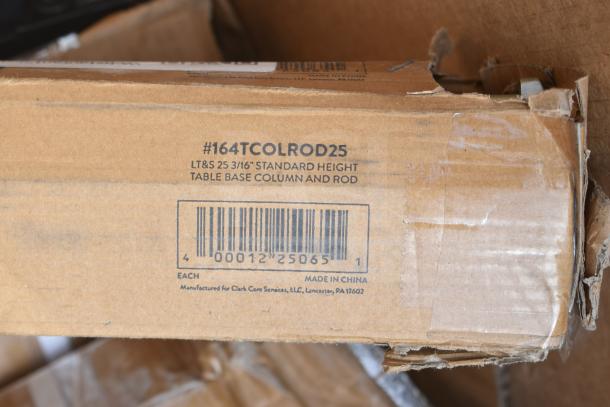 Lancaster Table & Seating table base box with model #164TCOLROD25 label, indicates 25 3/16" standard height column and rod.