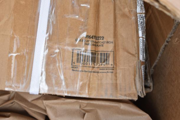 Boxed Lancaster Table & Seating 5" x 22" cast iron table base plate. Markings show model and barcode. Slight packaging wear.