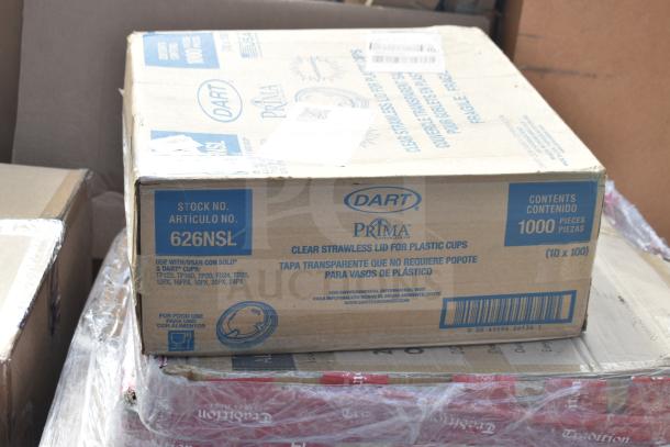 Cardboard box labeled "Dart Prima" containing 1000 clear strawless lids for plastic cups, stock number 626NSL, brand new condition.