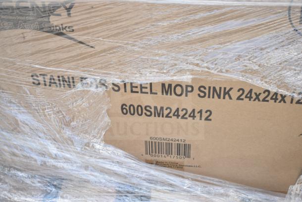 Package showing stainless steel mop sink, model 600SM242412, new with minor damage, sealed in protective wrap.
