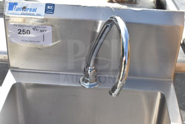 Universal Single Bay Foot Pedal Sink, stainless steel, chrome faucet, NSF certified label, auction tag visible.