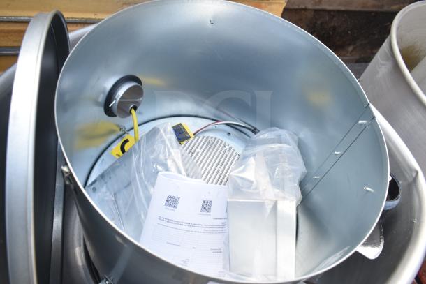 Brand new CaptiveAire DU85HFA mushroom exhaust fan, 115V, 1-phase, with internal components visible, includes manuals.