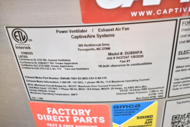 BRAND NEW CaptiveAire DU85HFA exhaust fan for commercial rooftops, 115V, 1 phase. ETL listed, scratch and dent condition.
