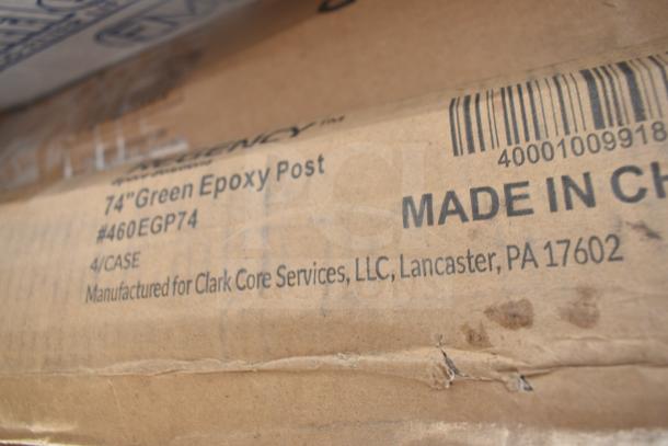 Brown shipping box labeled "74'' Green Epoxy Post #460EGP74, Manufactured for Clark Core Services, LLC, Lancaster, PA 17602."