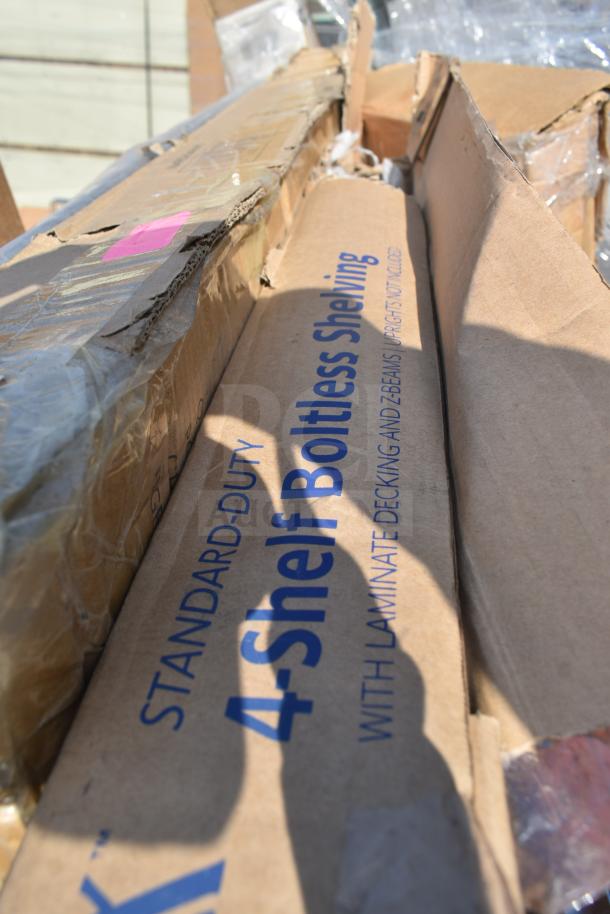 Cardboard box labeled "Standard-Duty 4-Shelf Boltless Shelving" with packaging tape, part of 18 scratch and dent items.