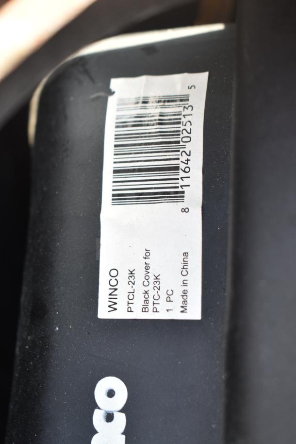 Winco PTC-23K black cover label, unreadable tag. Includes poly trash can, table base pieces. 5-item auction lot.