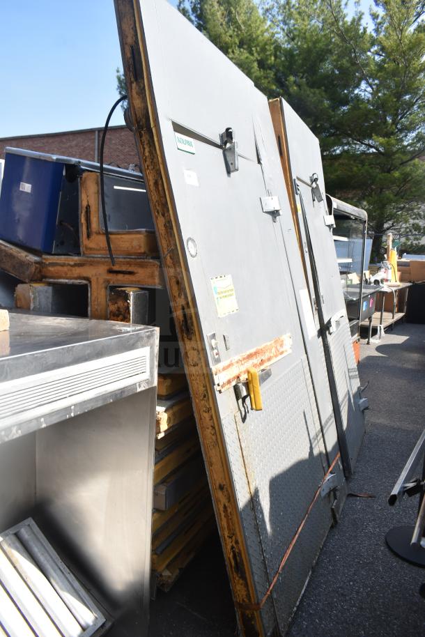 Two Kolpak walk-in boxes forming a combo unit. Features RFH150L44EA model, 208-230V, 3-phase compressor. Used condition.