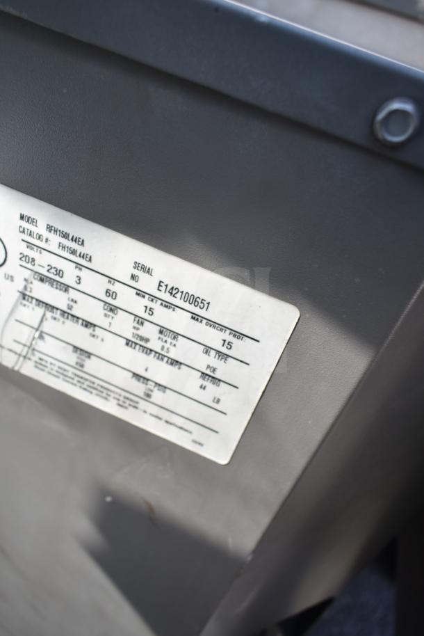 Kolpak walk-in box compressor label, model RFH150L44EA, 208-230V, 3-phase. Serial number E142100651.