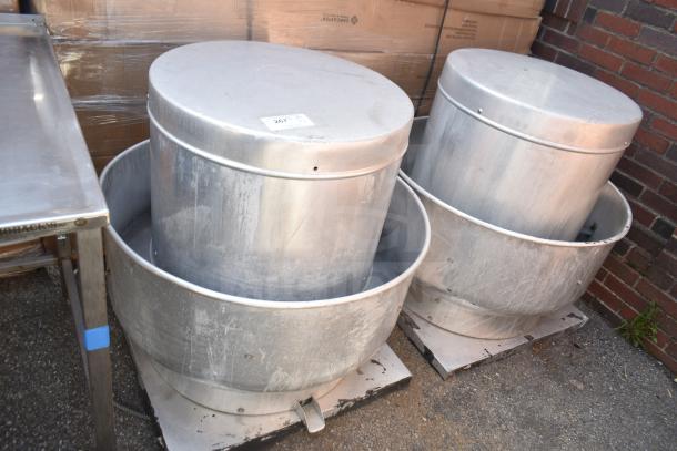 2 metal commercial mushroom exhaust fans, including Dayton 4YY18. Used condition, visible wear.