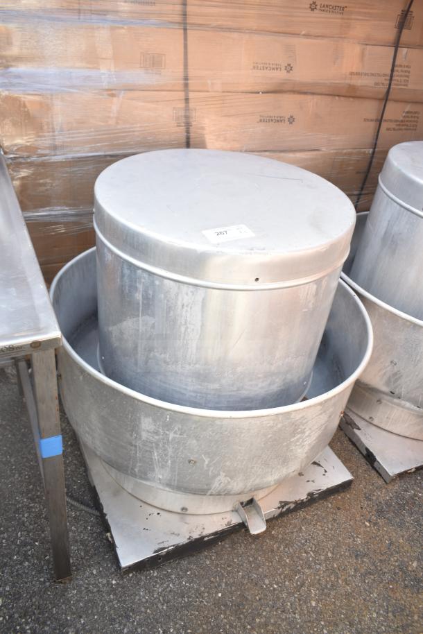 2 metal commercial mushroom exhaust fans, featuring Dayton 4YY18. Slightly worn finish, ideal for ventilation needs.