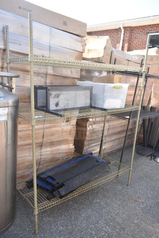 Tan finish 3-tier wire shelving unit with contents. Used condition. Buyer must dismantle. Freight charges apply.