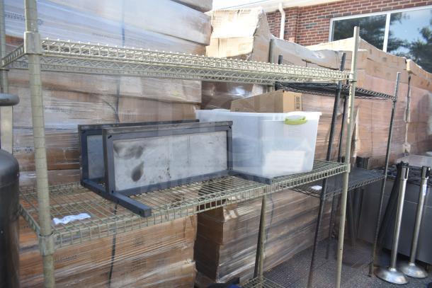 Tan finish 3-tier wire shelving unit with contents, requiring buyer dismantle. Consider freight charges.