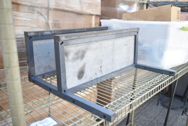 Tan finish 3-tier wire shelving unit with contents. Buyer must dismantle. Freight charges may apply.