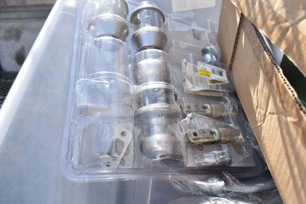 Tan finish 3-tier wire shelving unit with contents, includes metal components visible in packaging. Buyer must dismantle.