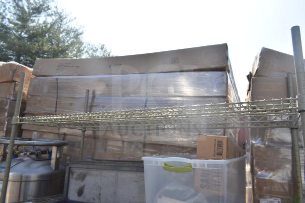 Tan 3-tier wire shelving unit with contents, featuring metal frame and durable wire shelves. Buyer must dismantle.