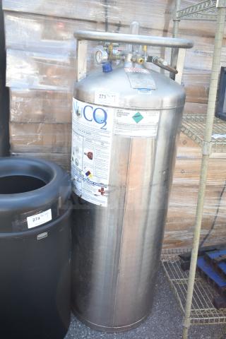 NuCO2 Beverage Carbonation Tank with labels and gauges, stainless steel, pickup only, not for shipping.