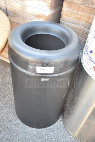 Rubbermaid Trash Can, black, cylindrical, visible logo, minor scratches, label with number 274 attached.