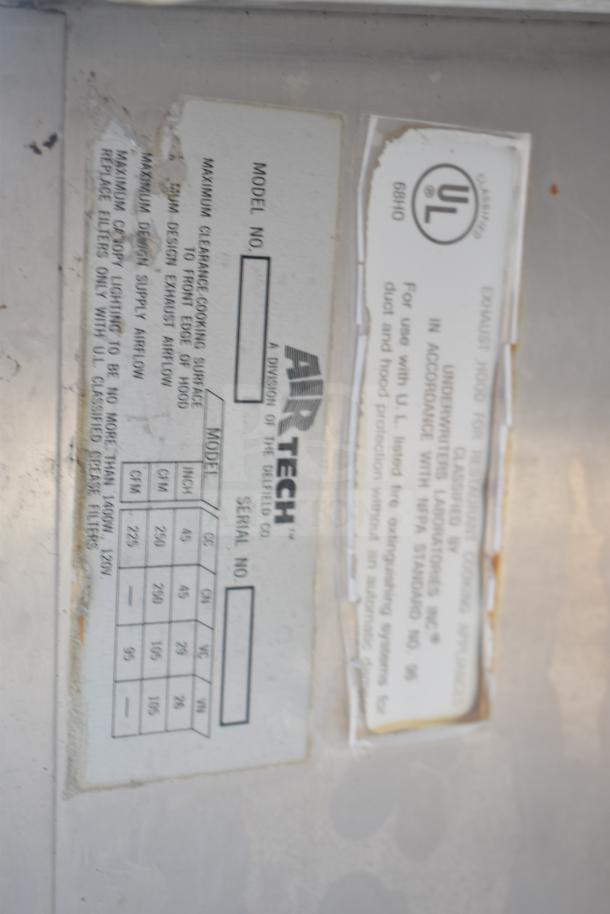 Air Tech 9' commercial return air grease hood with filters and lights, includes UL classification labels, durable metal.