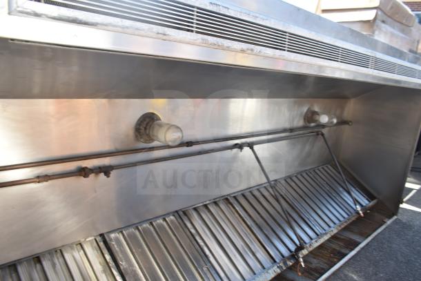 Air Tech 9' commercial return air grease hood with filters and lights. Stainless steel, used condition, industrial kitchen equipment.