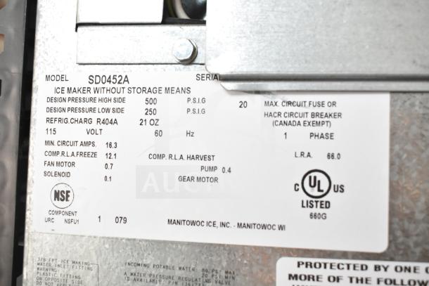 Manitowoc SD0452A commercial ice machine specifics label, showing model, voltage, pressure, and certification details.