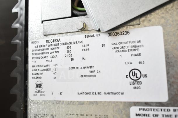 Manitowoc Commercial Ice Machine Head, model SD0452A, on hotel ice dispenser. 115 volts, 1 phase. UL listed.