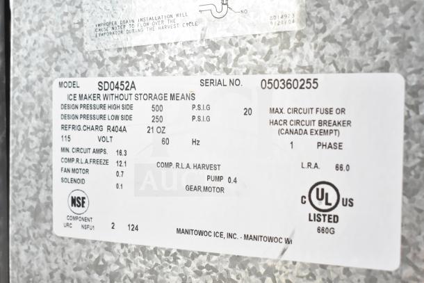 Manitowoc SD0452A commercial ice machine head label on hotel ice dispenser, 115V, 1 phase, details specs and ratings.