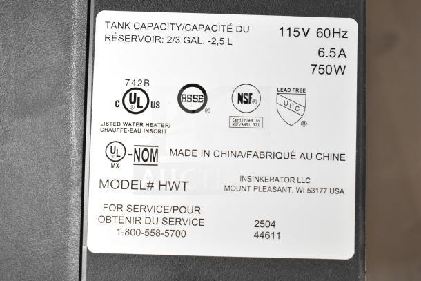 BRAND NEW SCRATCH AND DENT! Insinkerator HWT-00 Instant Hot Water Tank label; 115V, 750W, 2/3 gal, model HWT.