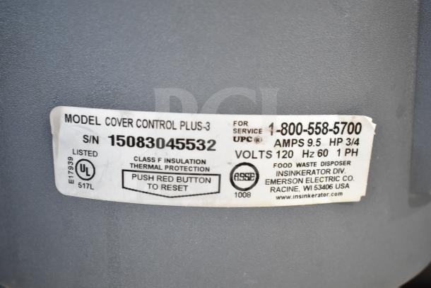 IN ORIGINAL BOX! Insinkerator Cover Control Plus 3 Garbage Disposal, 120V, 1 Phase. Model info and branding visible.