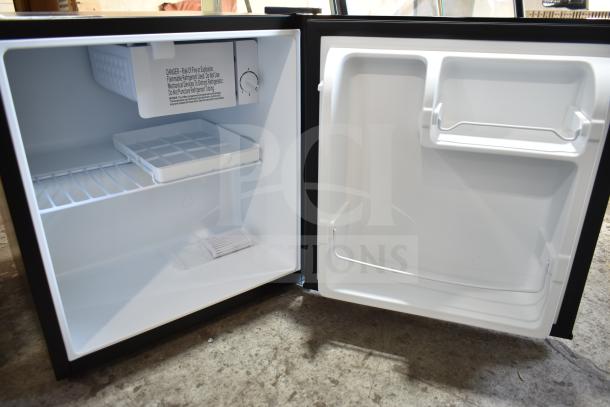 BRAND NEW* Galanz 1063897 1.7 Cu ft mini fridge, black; open door view showing ice tray and shelving.