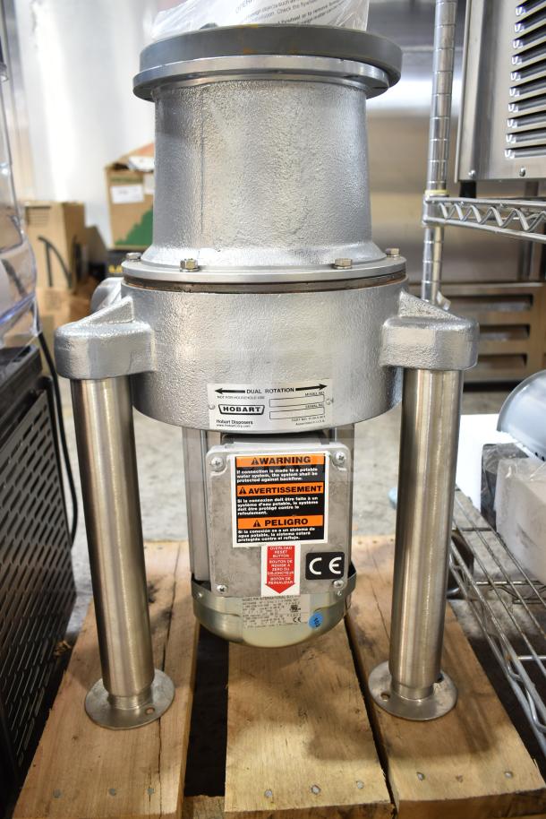 BRAND NEW Hobart FD4/150-1 commercial garbage disposer, model 425FD41501, with adjustable flanged feet and safety labels visible.
