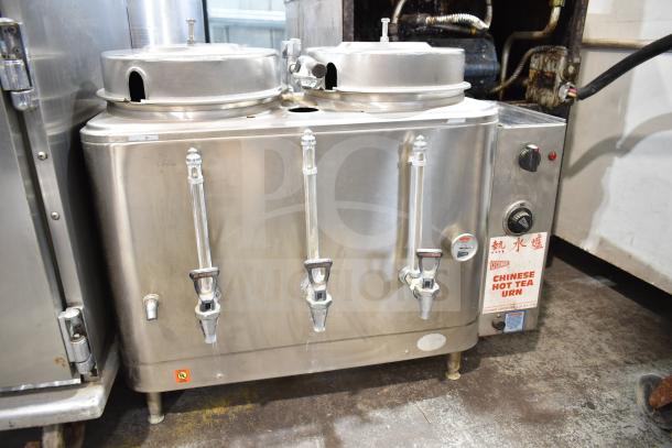 Cecilware Commercial Countertop Hot Tea Urn with dual spigots, stainless steel, labeled "Chinese Hot Tea Urn," used condition.