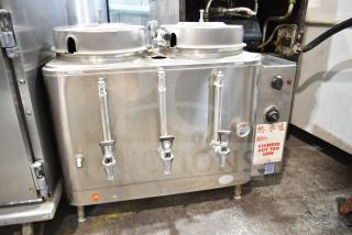 Cecilware Commercial Countertop Hot Tea Urn with dual spigots, stainless steel, labeled "Chinese Hot Tea Urn," used condition.