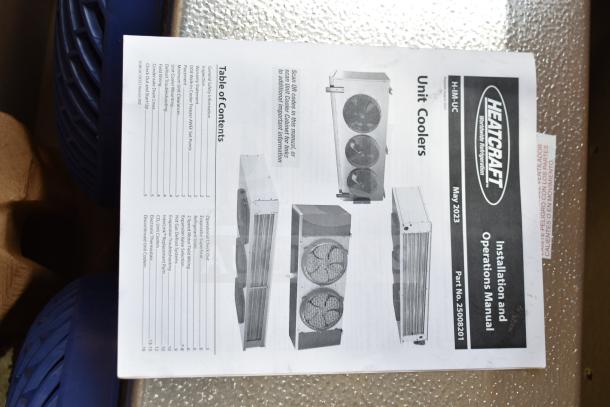 Alt text: "Heatcraft installation manual for Bohn Evaporator Fan, model BEL0130CC6EEAYF859, 230 Volts, 3 Phase, May 2023."