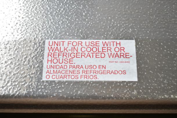 BRAND NEW Bohn BEL0650AG6AMAD2107 Evaporator Fan, 115V, 1 Phase, label indicates use for walk-in cooler or refrigerated warehouse.