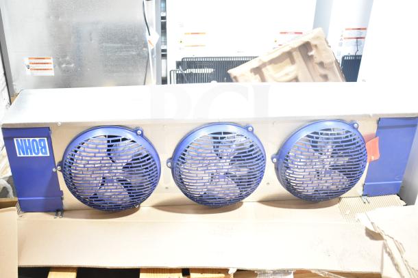 BRAND NEW Bohn BEL0130CC6EEAYF859 evaporator fan, 230V, 3-phase, featuring three blue protective grills.