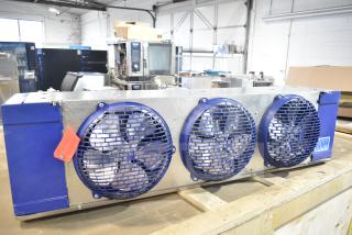 BRAND NEW Bohn BEL0130CC6EEAYF859 evaporator fan, 280V, 3-phase, with blue casing and protective grills.