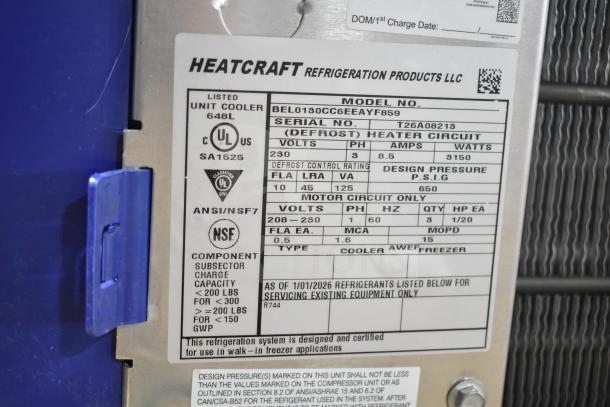 Alt text: "Bohn BEL0130CC6EEAYF859 Evaporator Fan label, 280 Volts, 3 Phase, UL and NSF certified, brand new condition."