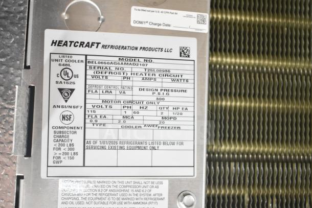 Alt text: "Heatcraft Evaporator Fan, Model BEL0650AG6AMAD2107; 115V, 1 Phase, brand new, label with specifications shown."
