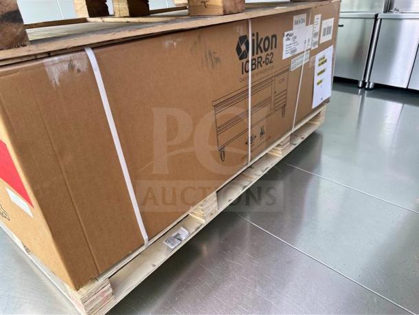 Brand new Ikon ICBR-62 commercial chef base refrigerator, 62-inch stainless steel. Packaging shows model and specifications.