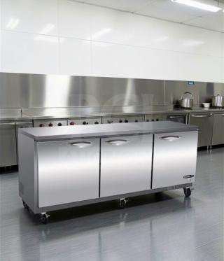 Brand new Ikon IUC72F commercial undercounter freezer, 72" stainless steel, 3 doors, ETL & NSF listed, on casters.