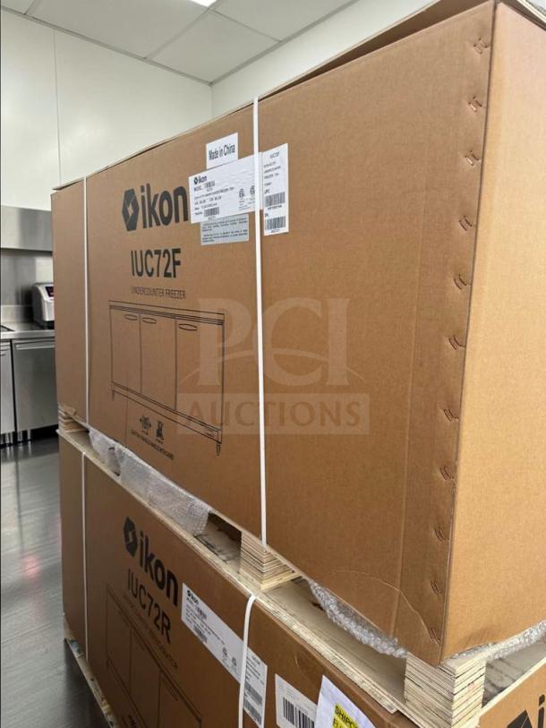 Brand new Ikon IUC72F commercial undercounter freezer in box, 72-inch stainless steel, 3-door, ETL & NSF listed.