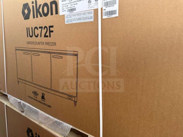 Brand new Ikon IUC72F undercounter freezer in box, 72" stainless steel, 3-door, ETL & NSF listed, model IKO-L-FRZ-0719.