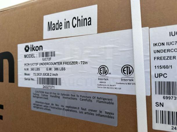 Ikon IUC72F Undercounter Freezer box with labels, showing model, weight, dimensions, ETL and NSF certifications.